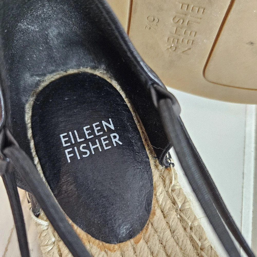 Eileen Fisher Wali Black Leather Espadrilles Women’s 6.5 Slip On Flat Loafers